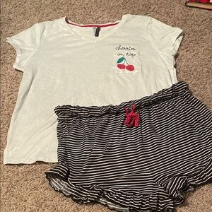 White Cherry Print T-Shirt and Black Striped pajamas